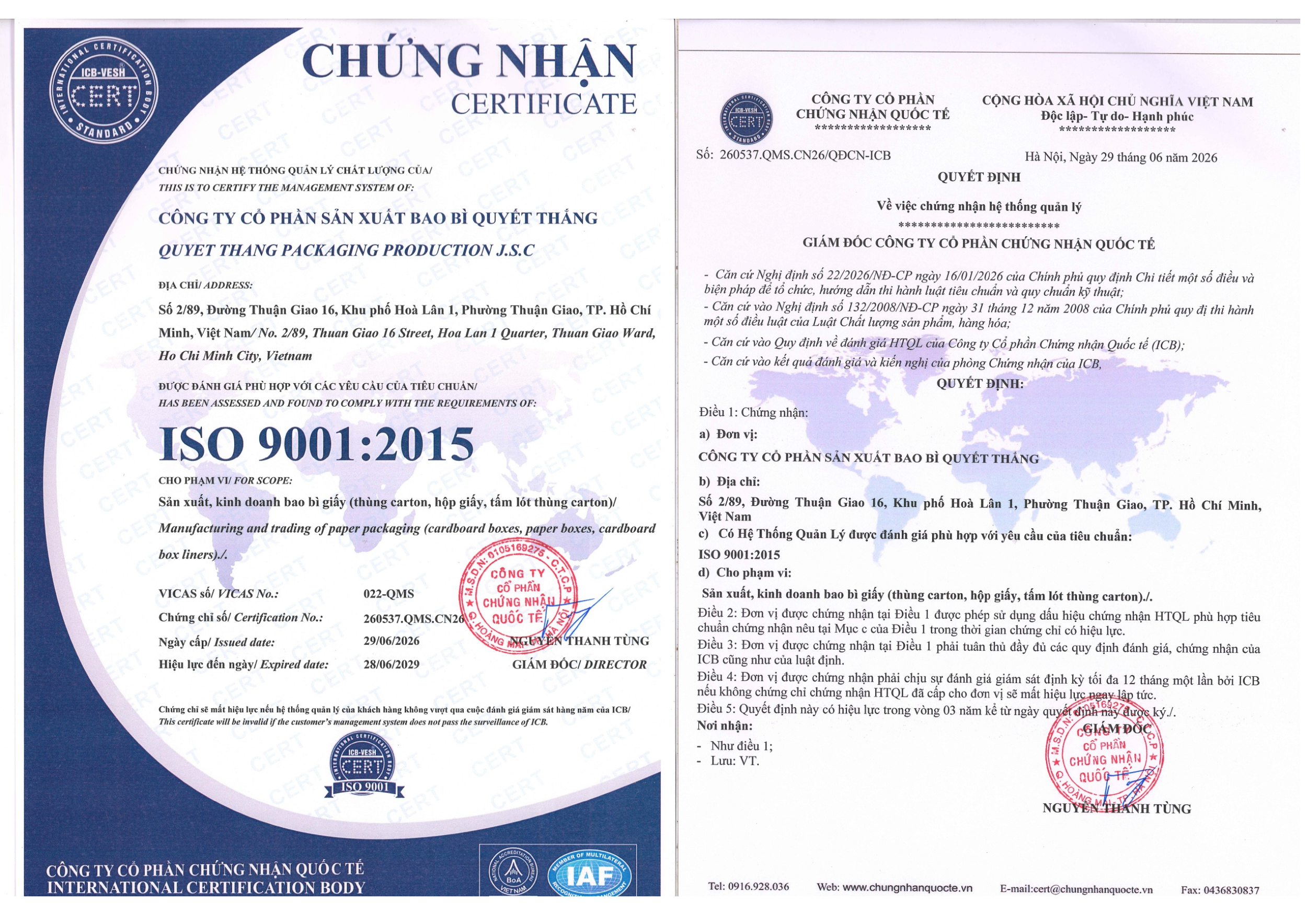 Giấy chứng nhận ISO của Quyết Thắng Box