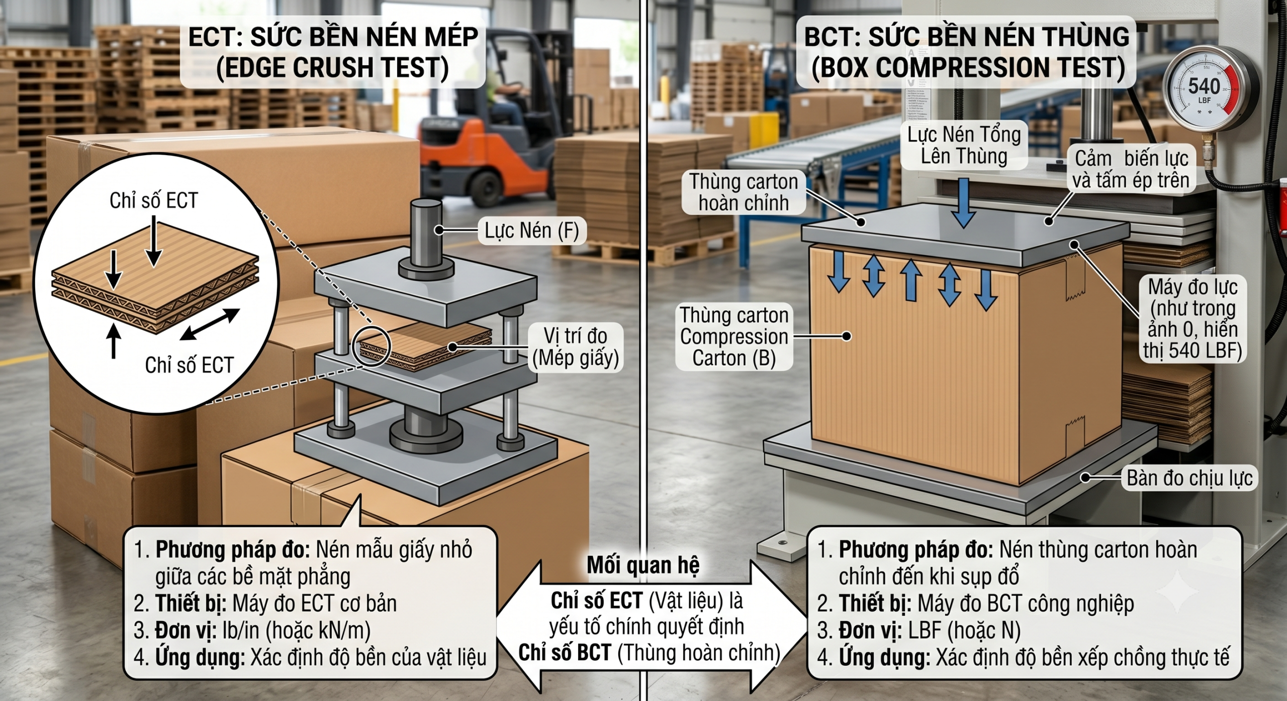 Mô tả phương pháp đo chỉ số ECT trên mép giấy carton và chỉ số BCT trên thùng carton hoàn chỉnh.