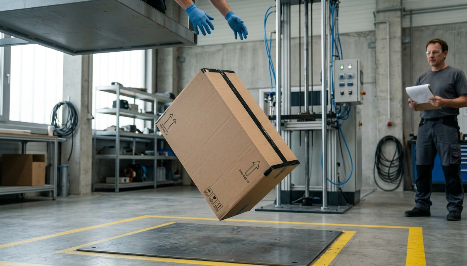 Mẫu thùng carton đang trải qua quy trình tiêu chuẩn kiểm thử ISTA 2A tại phòng Lab.