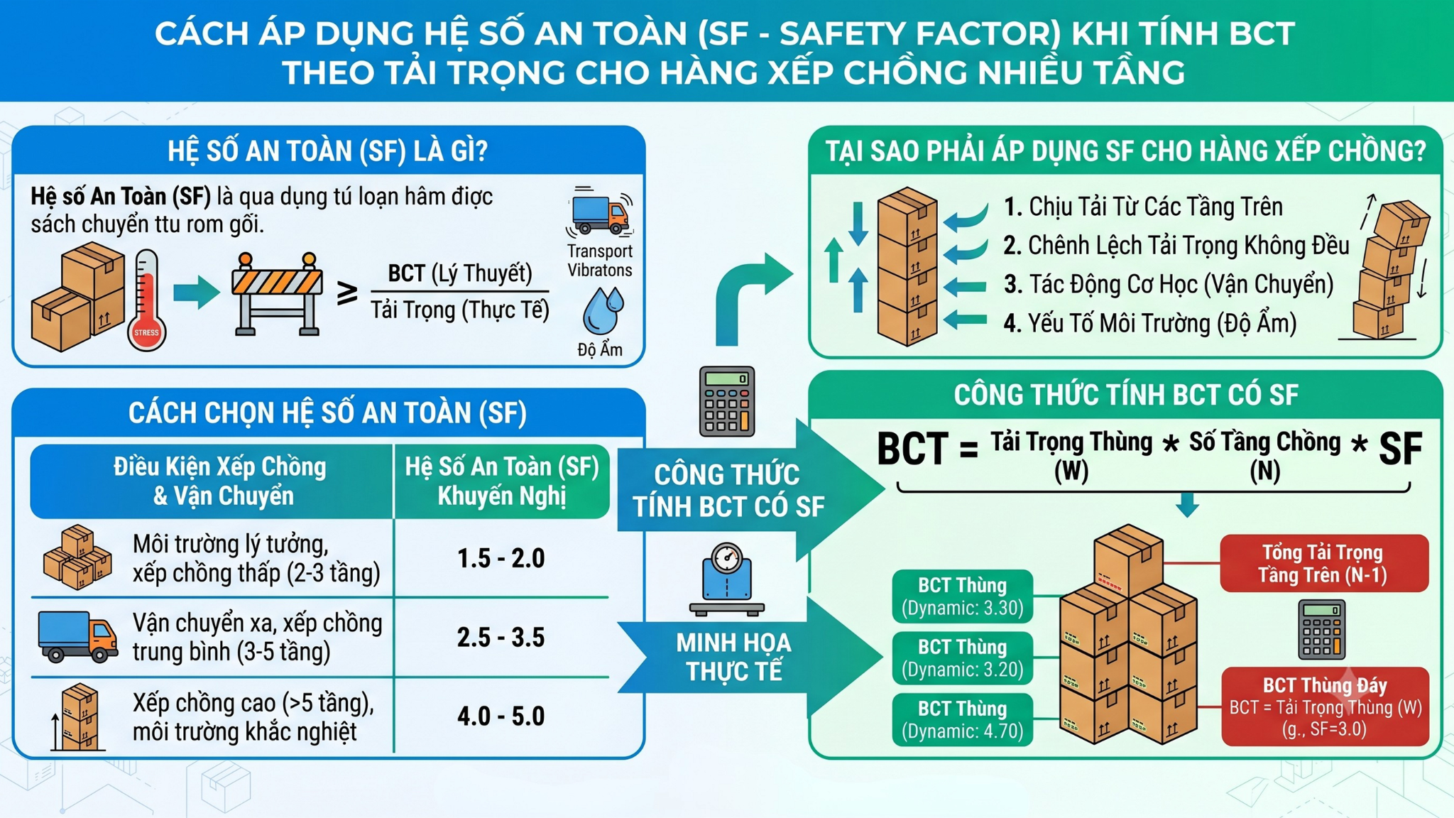 Minh họa cách áp dụng hệ số an toàn khi tính BCT theo tải trọng cho hàng xếp chồng nhiều tầng.