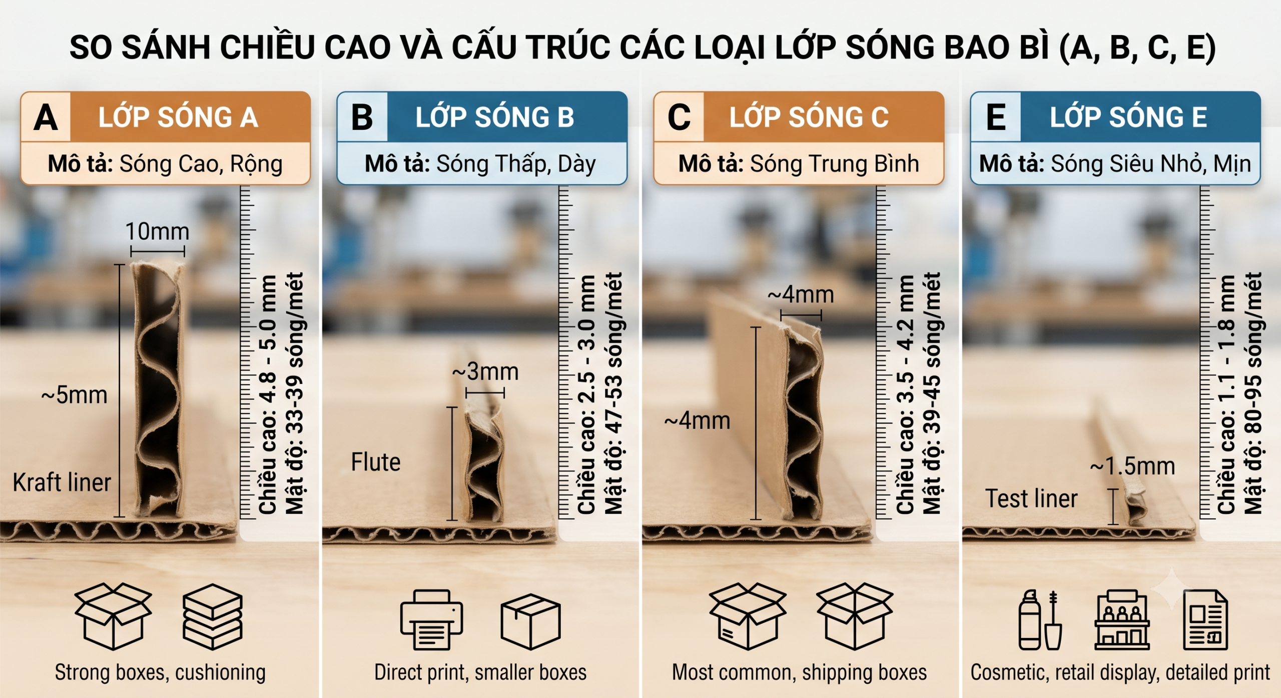 So sánh chiều cao và cấu trúc các loại lớp sóng bao bì A, B, C, E.