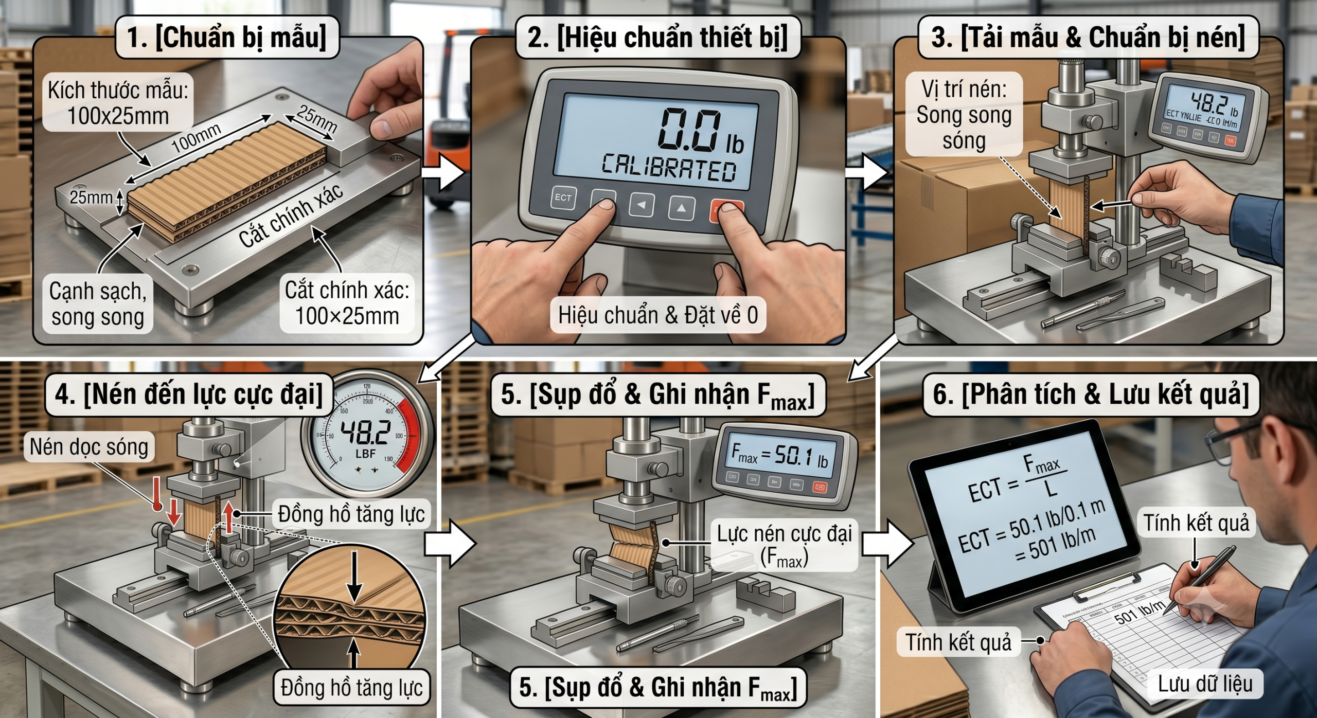 Các bước trong phương pháp đo ECT, từ chuẩn bị mẫu đến ghi nhận kết quả.