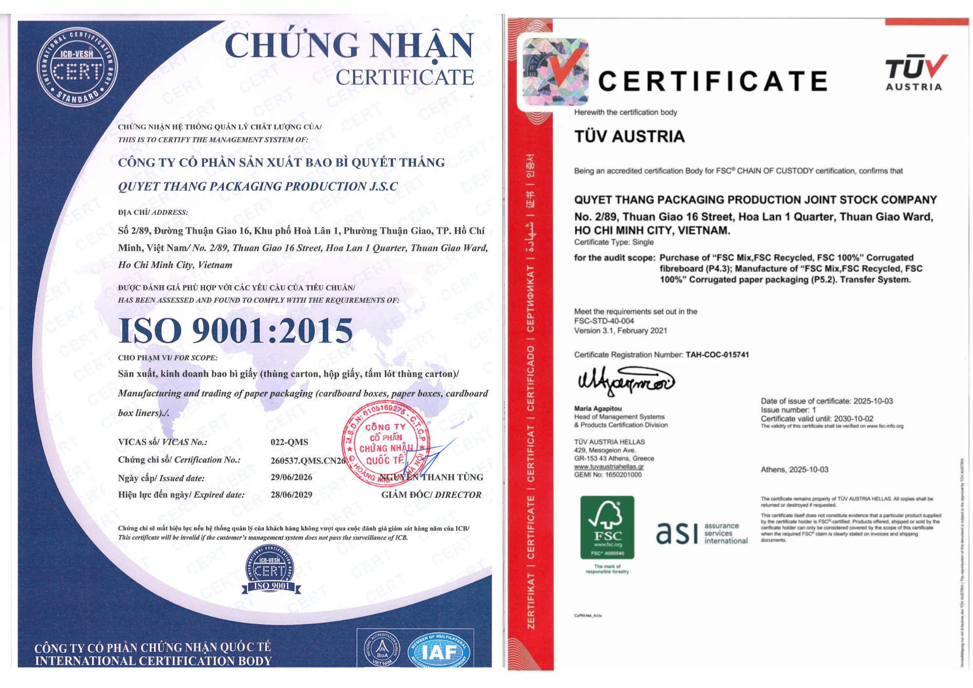 Chứng nhận FSC và ISO 9001:2015 của nhà máy bao bì carton tại Bình Dương Quyết Thắng Box.
