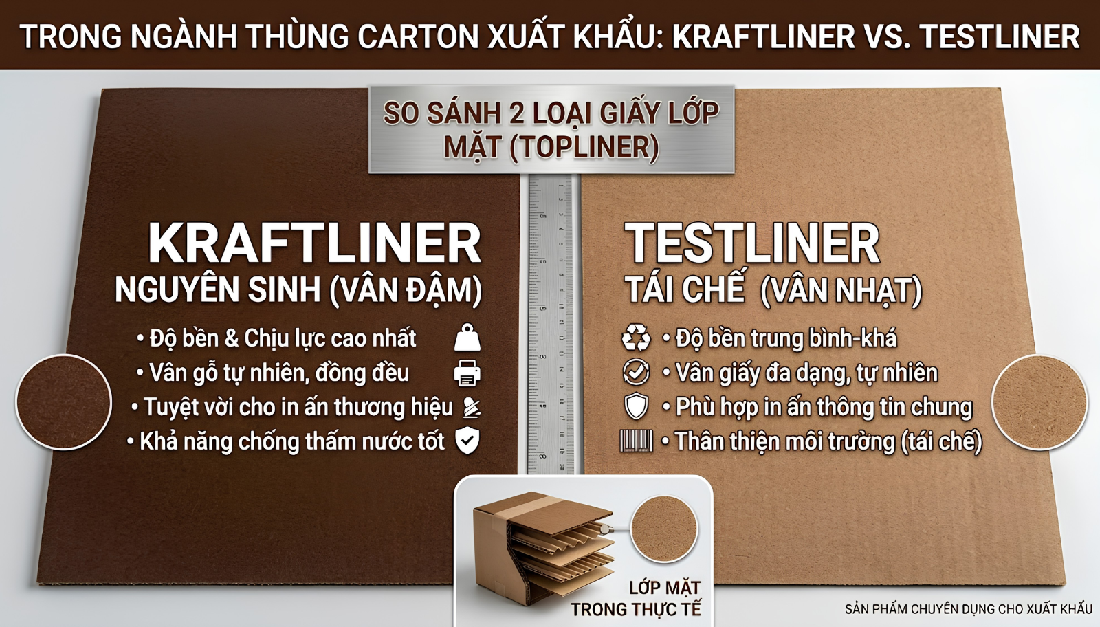 Hai loại giấy kraft thùng carton xuất khẩu phổ biến: Kraftliner nguyên sinh (nâu đậm) và Testliner tái chế (nâu nhạt).