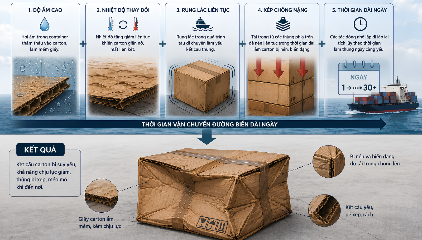 Các yếu tố tích lũy theo thời gian khiến thùng carton bị xẹp khi vận chuyển đường biển dài ngày.