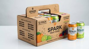 Thùng carton nước ngọt với thiết kế rãnh thông hơi và tay xách, đáp ứng yêu cầu dây chuyền đóng gói tốc độ cao.