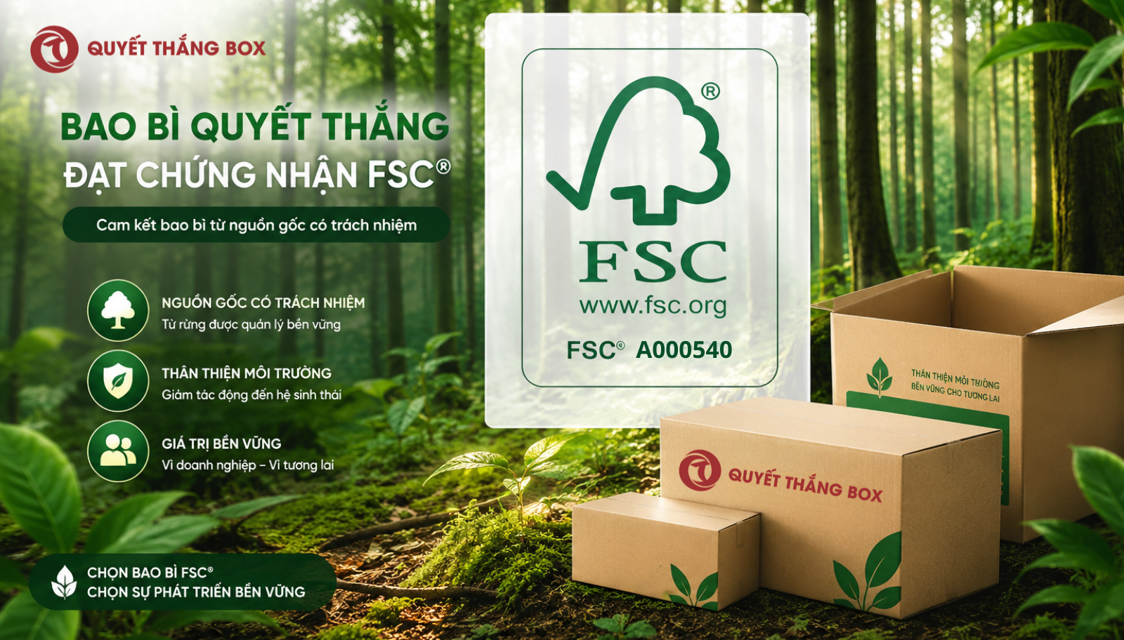 Chứng nhận FSC Chain of Custody mã TAH-COC-015741 của Quyết Thắng Box — cấp bởi TÜV Austria Hellas, hiệu lực đến 02/10/2030.5. Làm sao phân biệt nhà cung cấp có FSC thật?