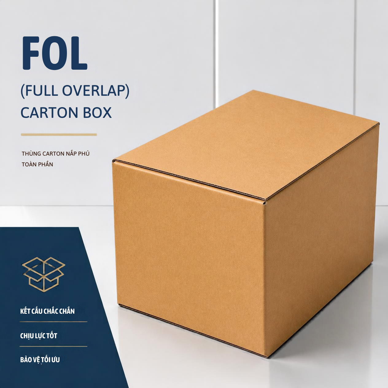 Thùng carton FOL (Full Overlap) là loại thùng có phần nắp trên và đáy được thiết kế phủ gần như kín toàn bộ bề mặt