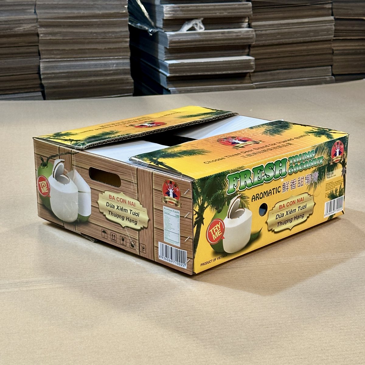 Thùng carton xuất khẩu in ký hiệu và thương hiệu tại nhà máy Quyết Thắng Box